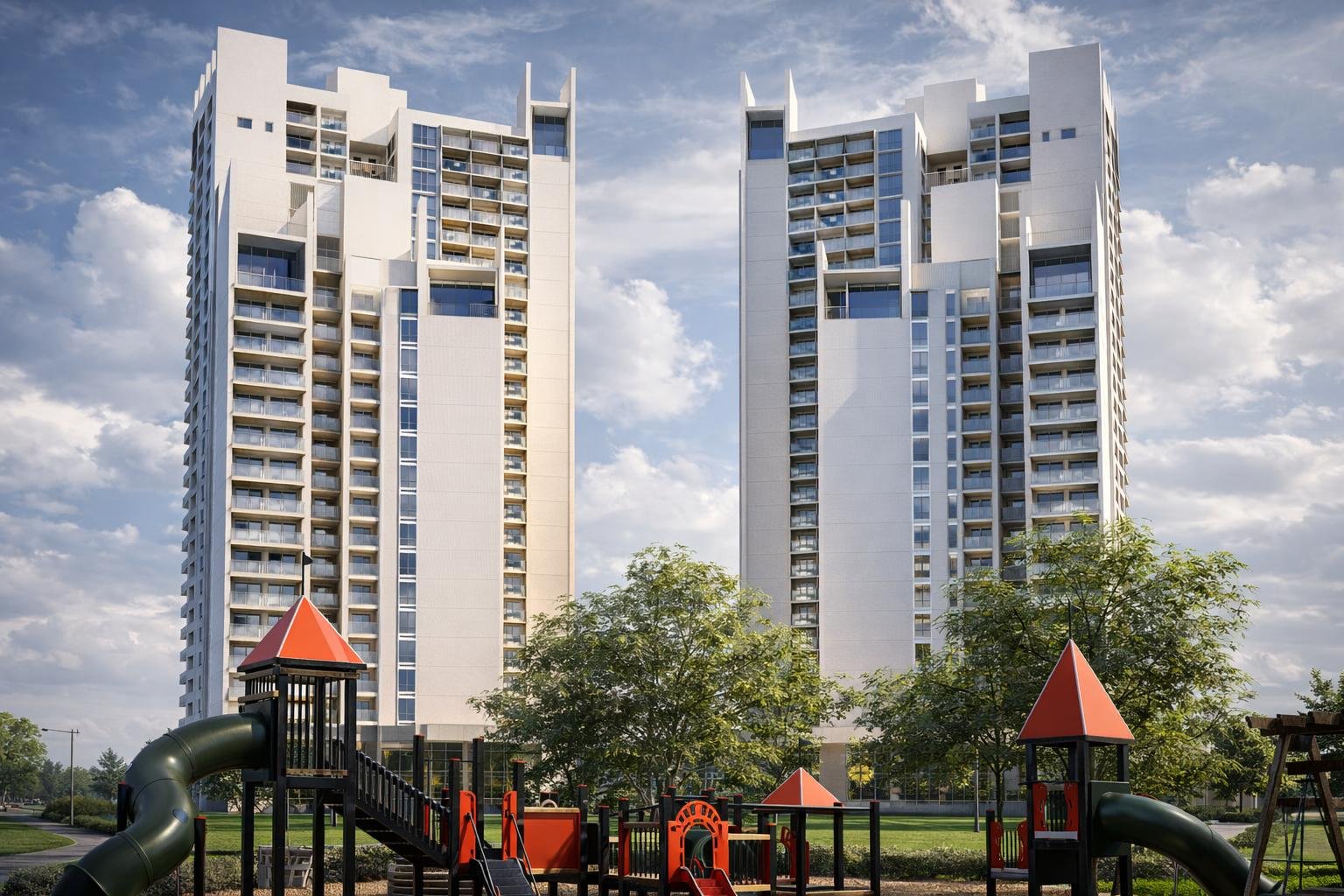 The Palms towers beside landscaped gardens and a children's play area