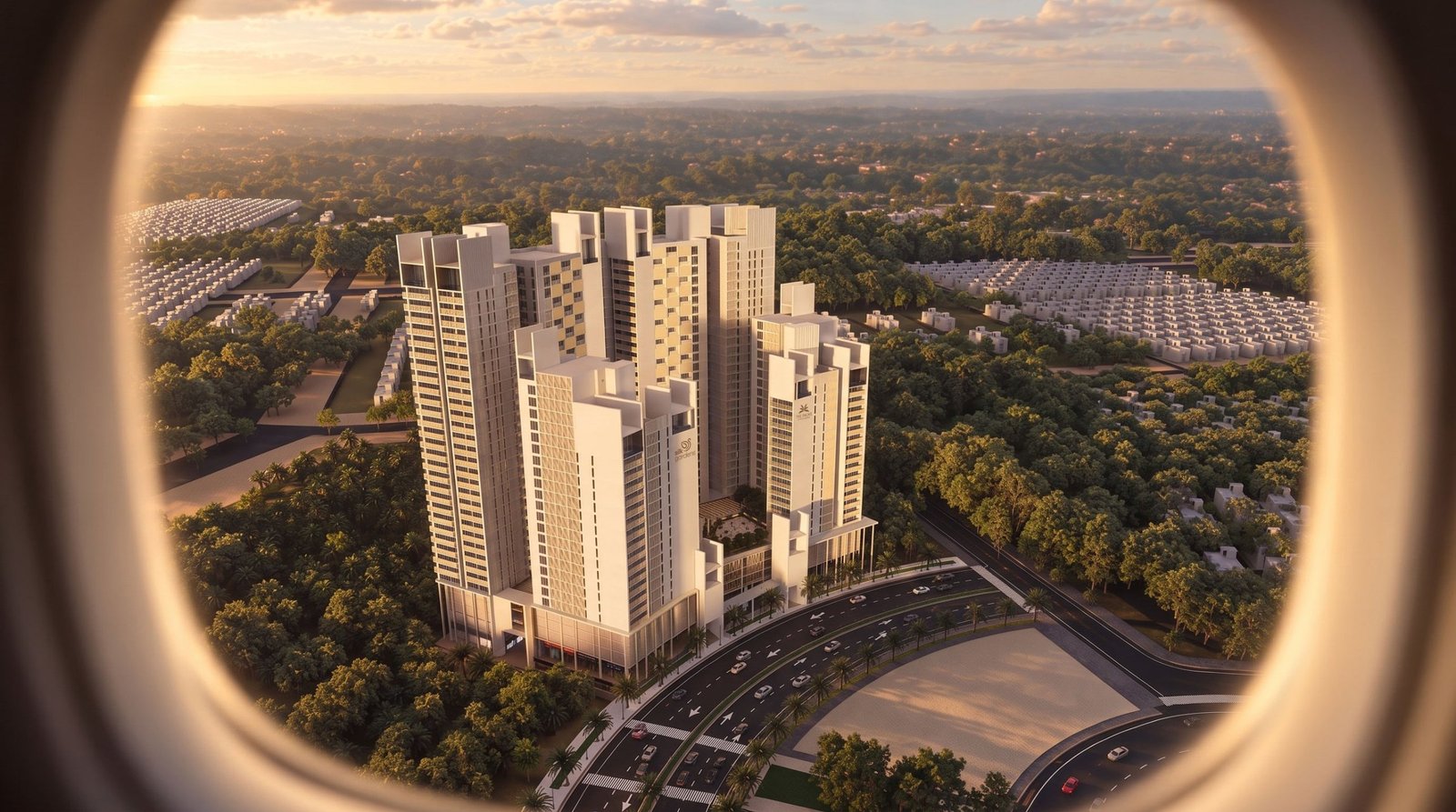 REIT Backed — aerial view of The Palms towers and their green surroundings