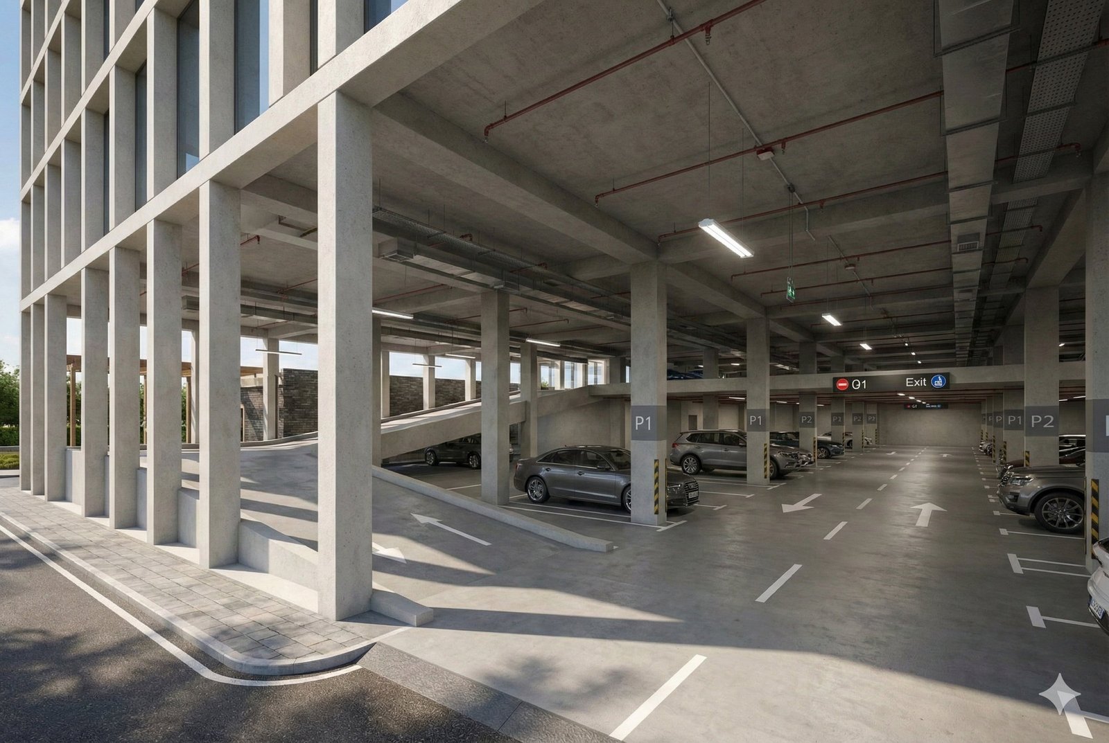 The covered multi-level parking deck with marked bays and entry ramp